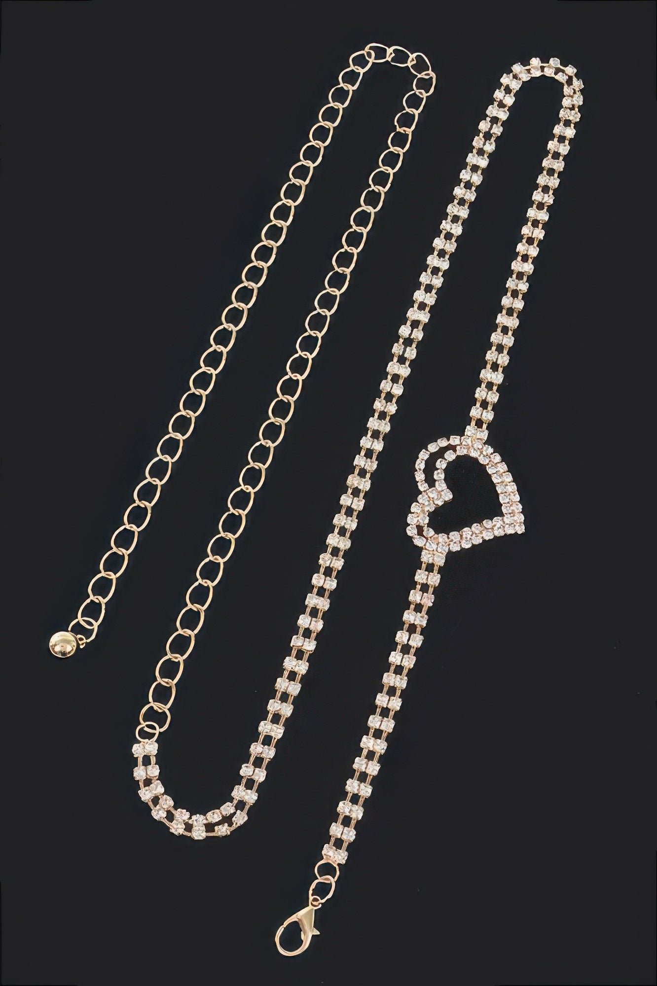 Rhinestone heart chain belt set: long chain strands with gold-tone heart charm