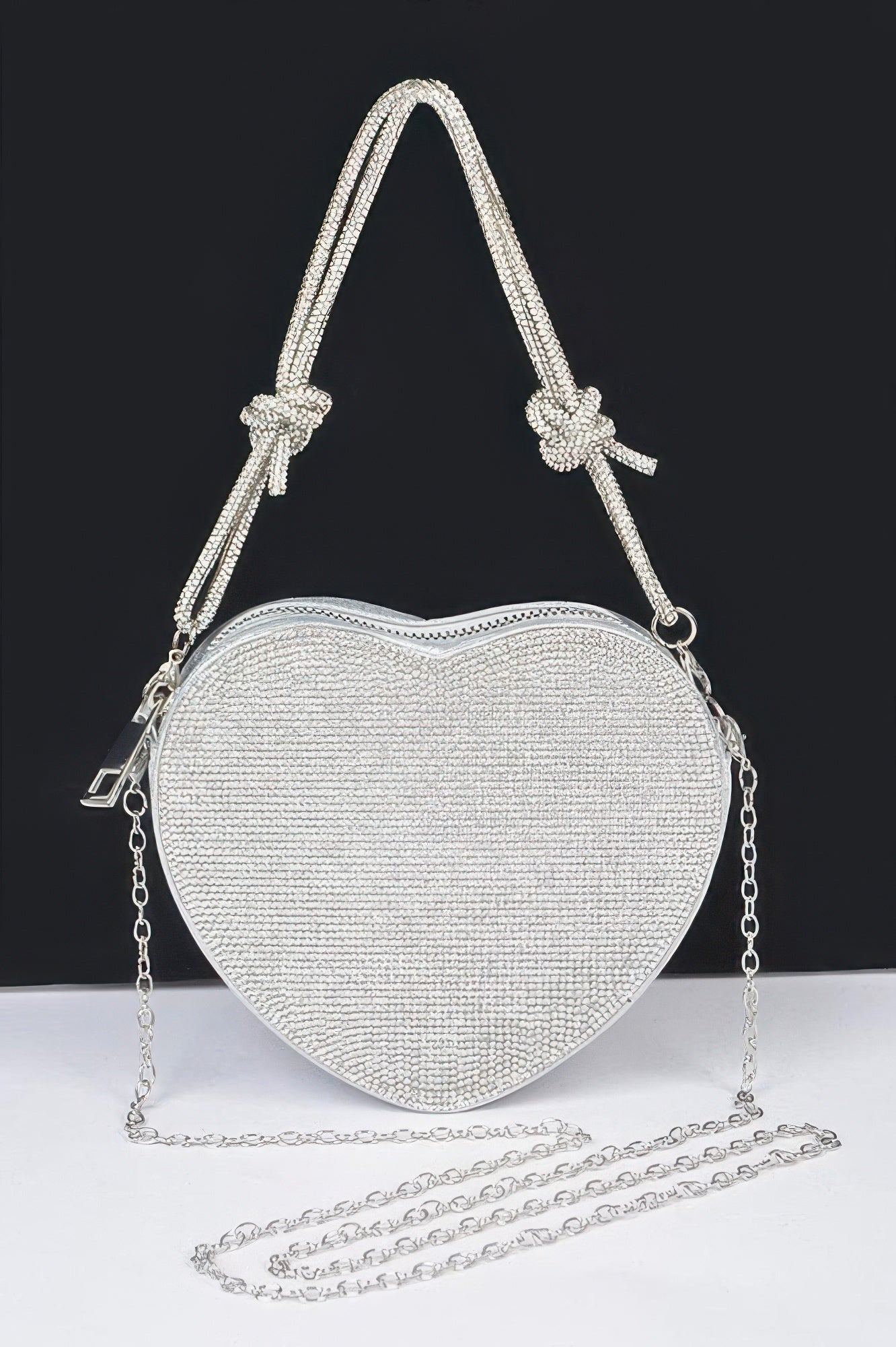 Rhinestone heart clutch, silver finish with crossbody chain and side clasp