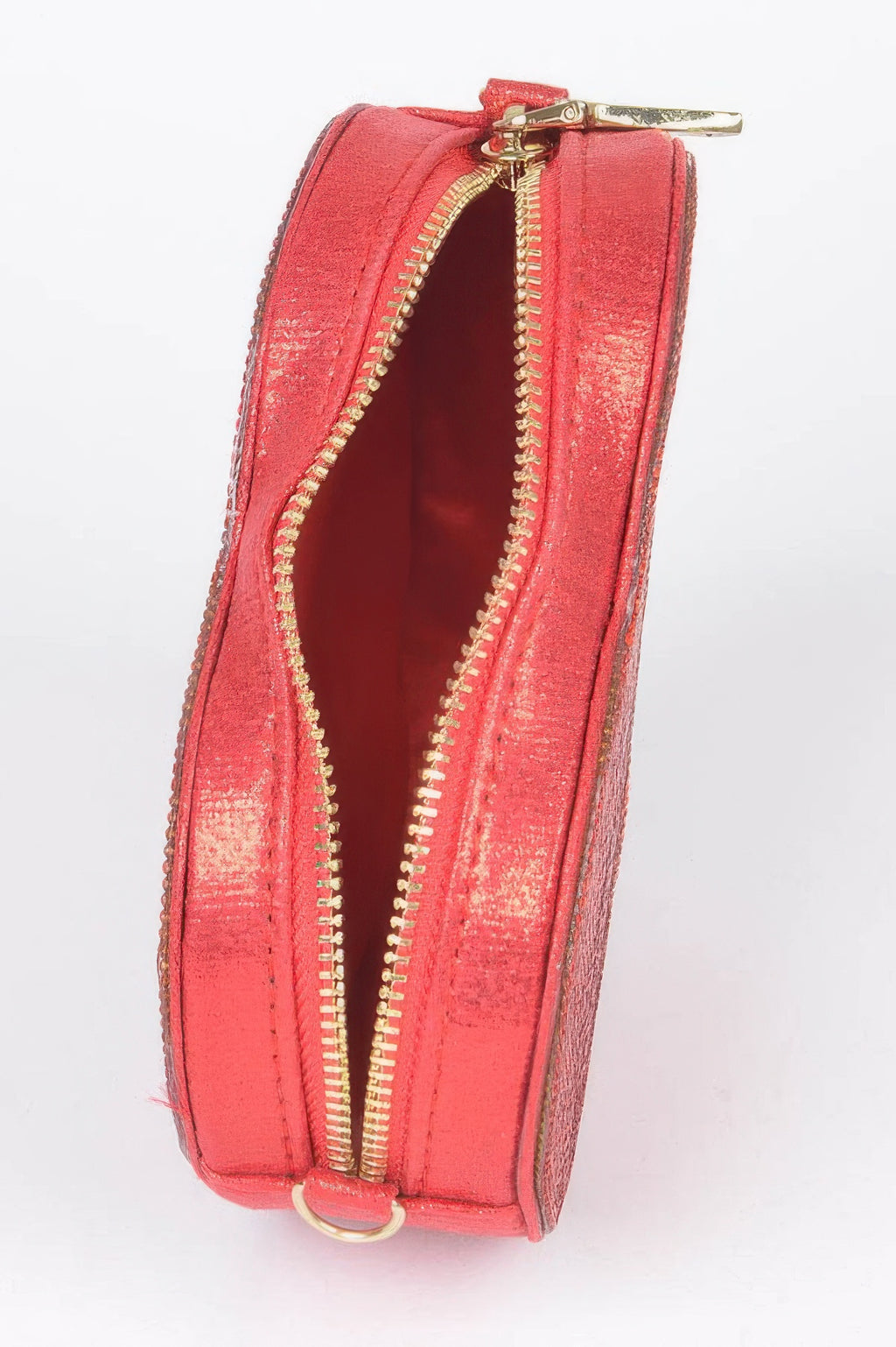 Red rhinestone heart clutch bag, side view showing zipper and gold trim