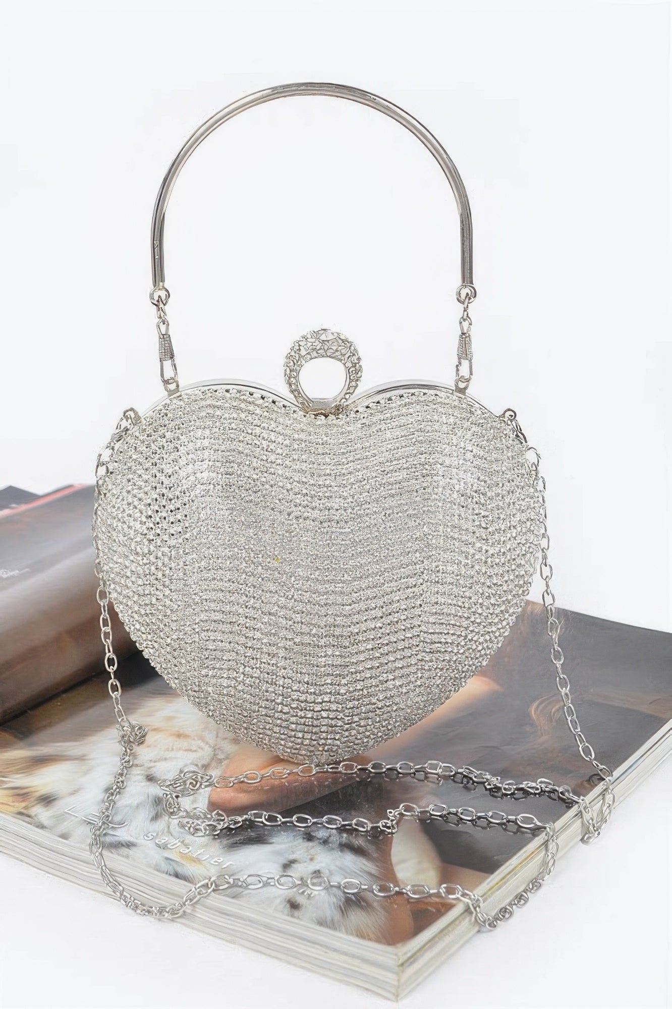 Clear silver rhinestone heart clutch with top handle and long chain strap