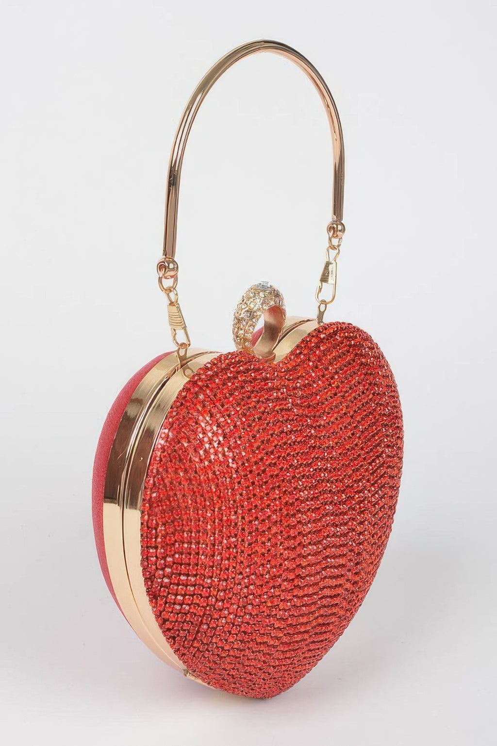 Red heart rhinestone clutch, side view with top handle and chain strap