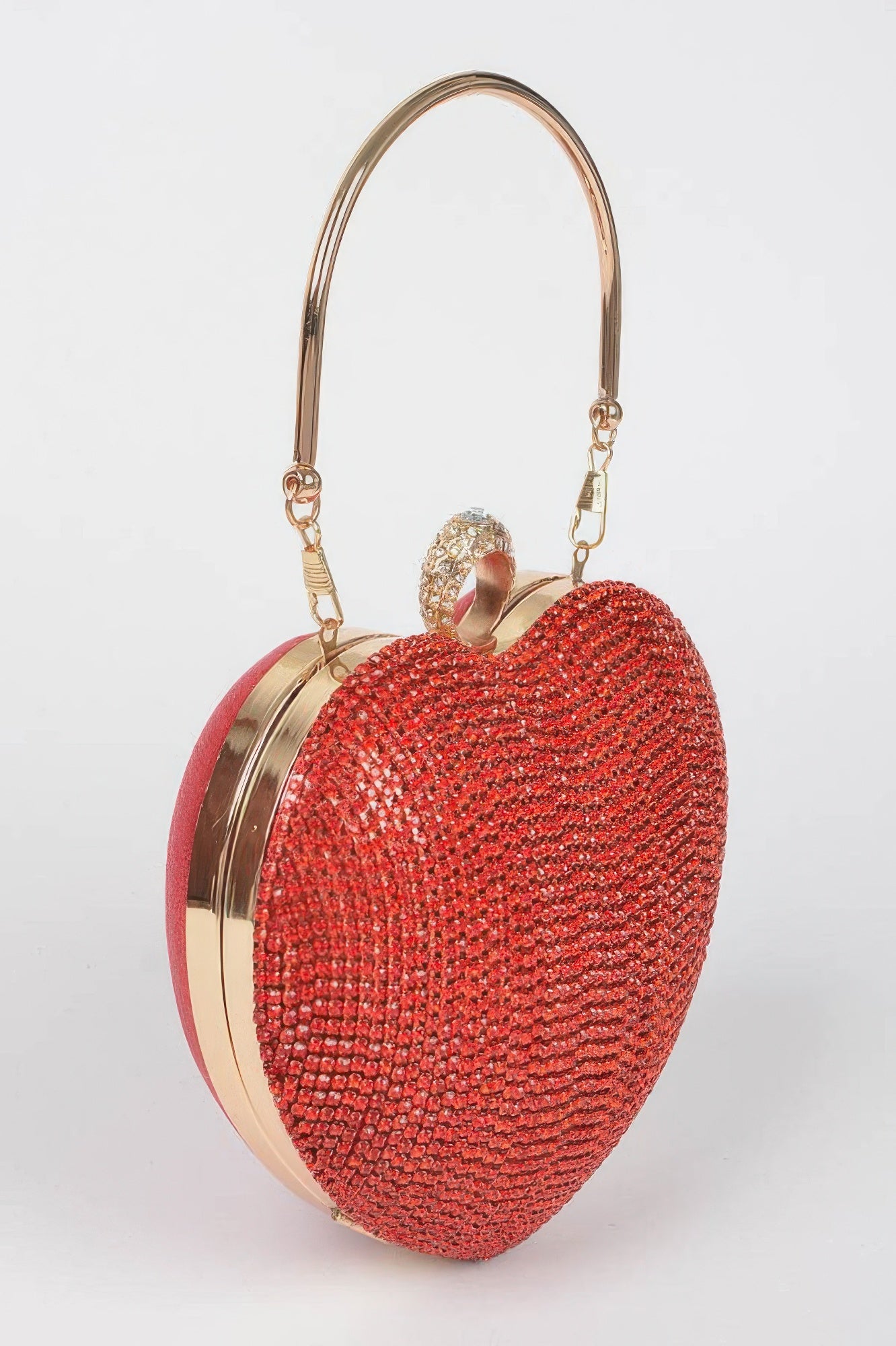 Red heart rhinestone clutch, side view with top handle and chain strap