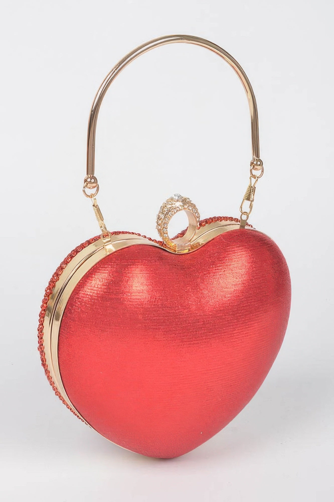 Red rhinestone heart clutch with round top handle ring and chain strap