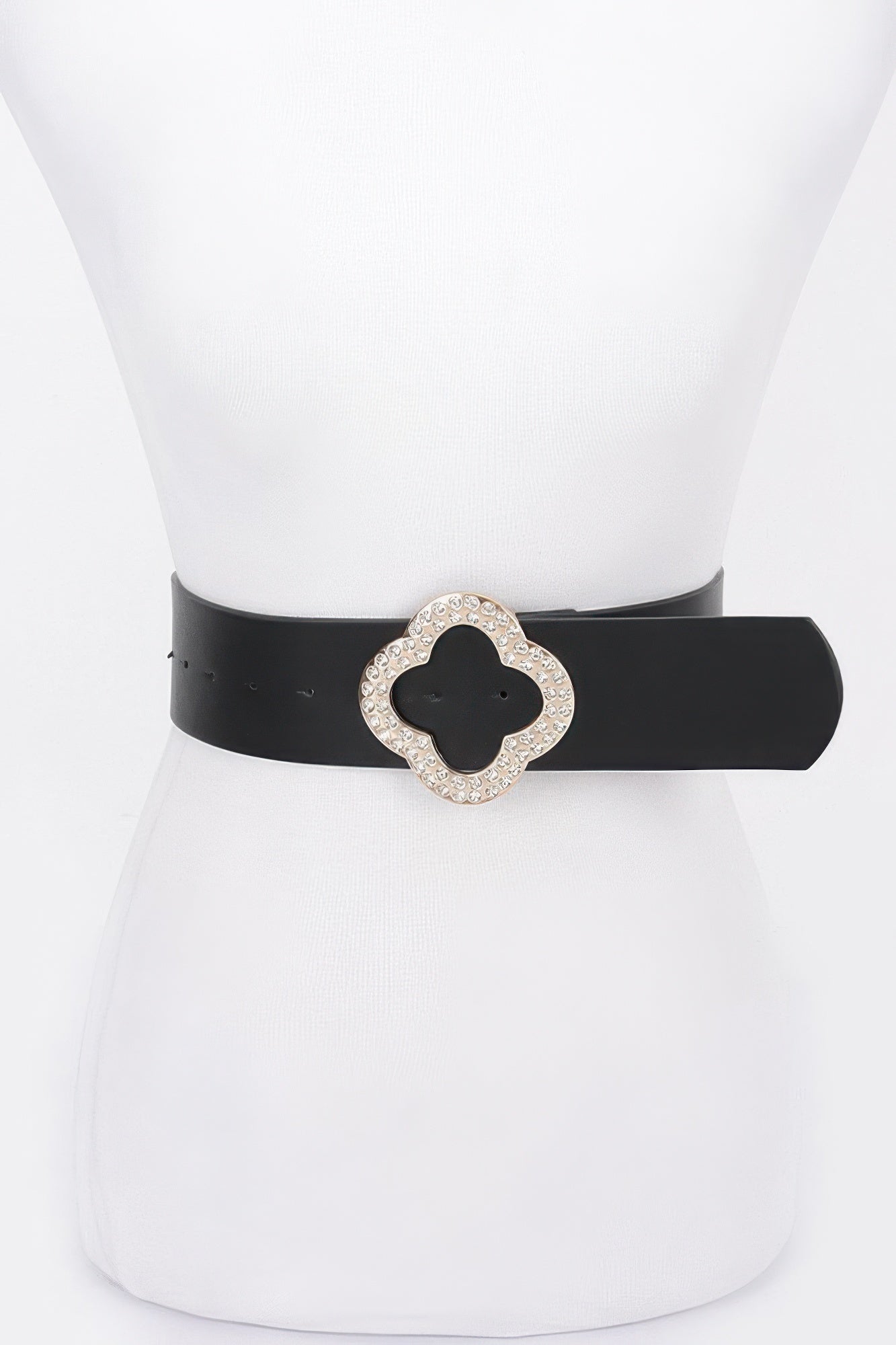 Black stretch belt with metallic rhinestone clover buckle
