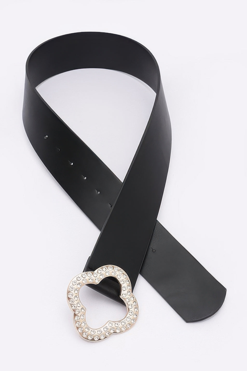 Black stretch belt with rhinestone clover buckle and belt hole details