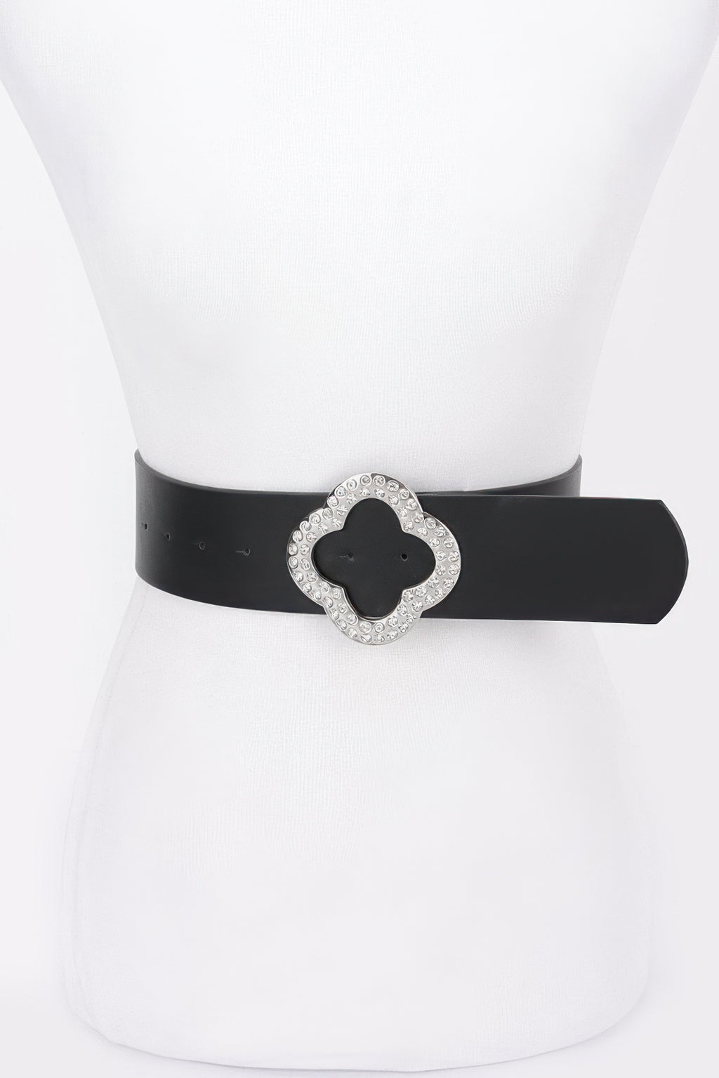 Black stretch belt with metallic rhinestone clover buckle centerpiece