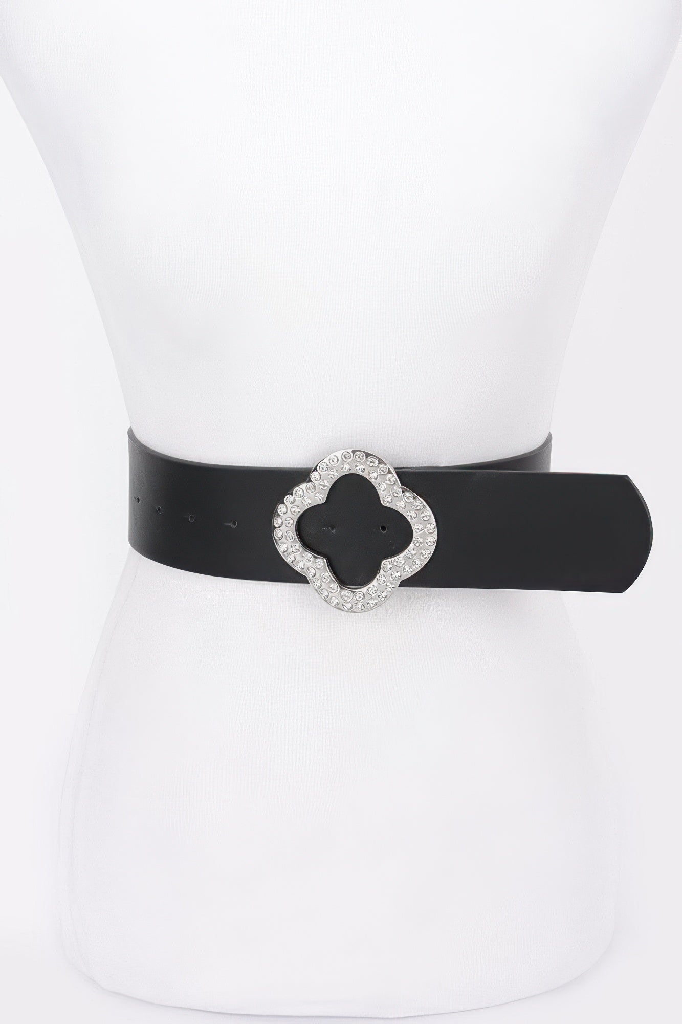 Black stretch belt with metallic rhinestone clover buckle centerpiece