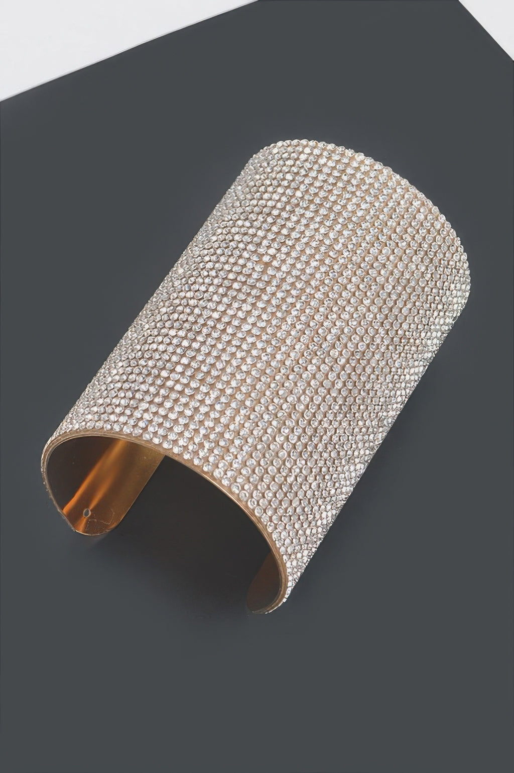 Gold rhinestone metal cuff bangle, wide with open back.