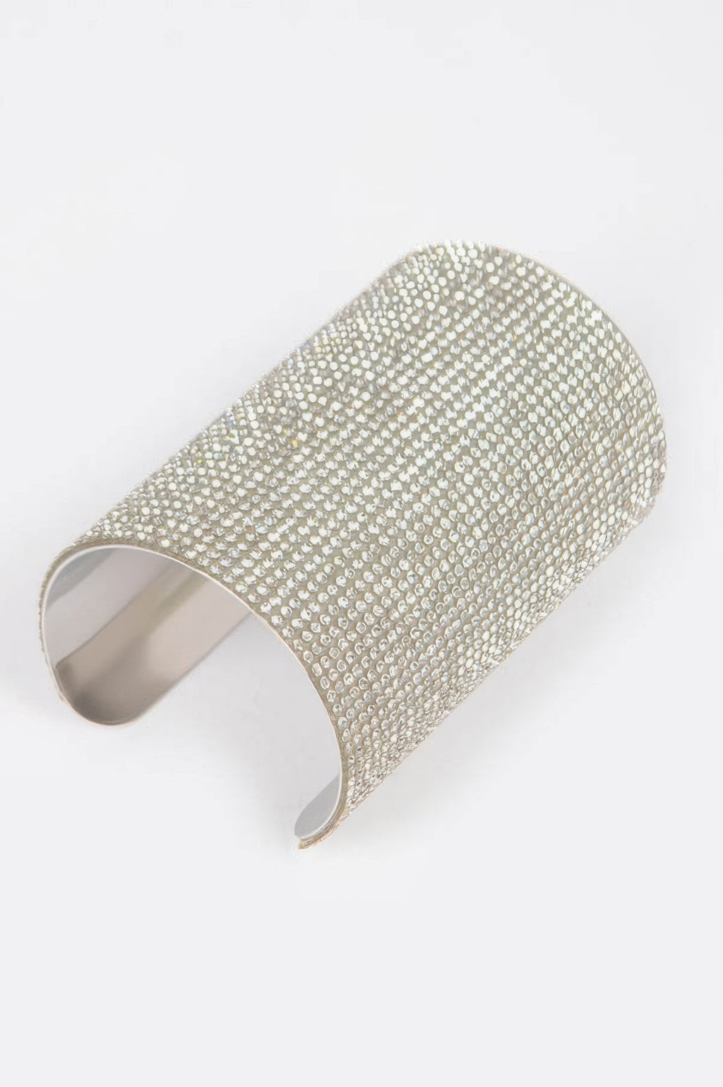 Silver rhinestone cuff bangle with open ends and full stone coverage.