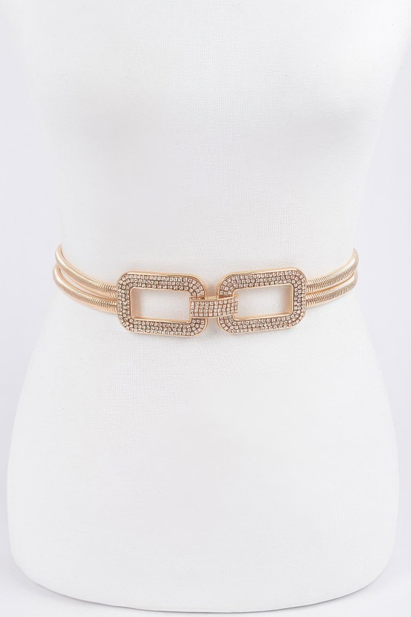 Rhinestone metal stretch belt with rectangular double buckle, gold-tone.