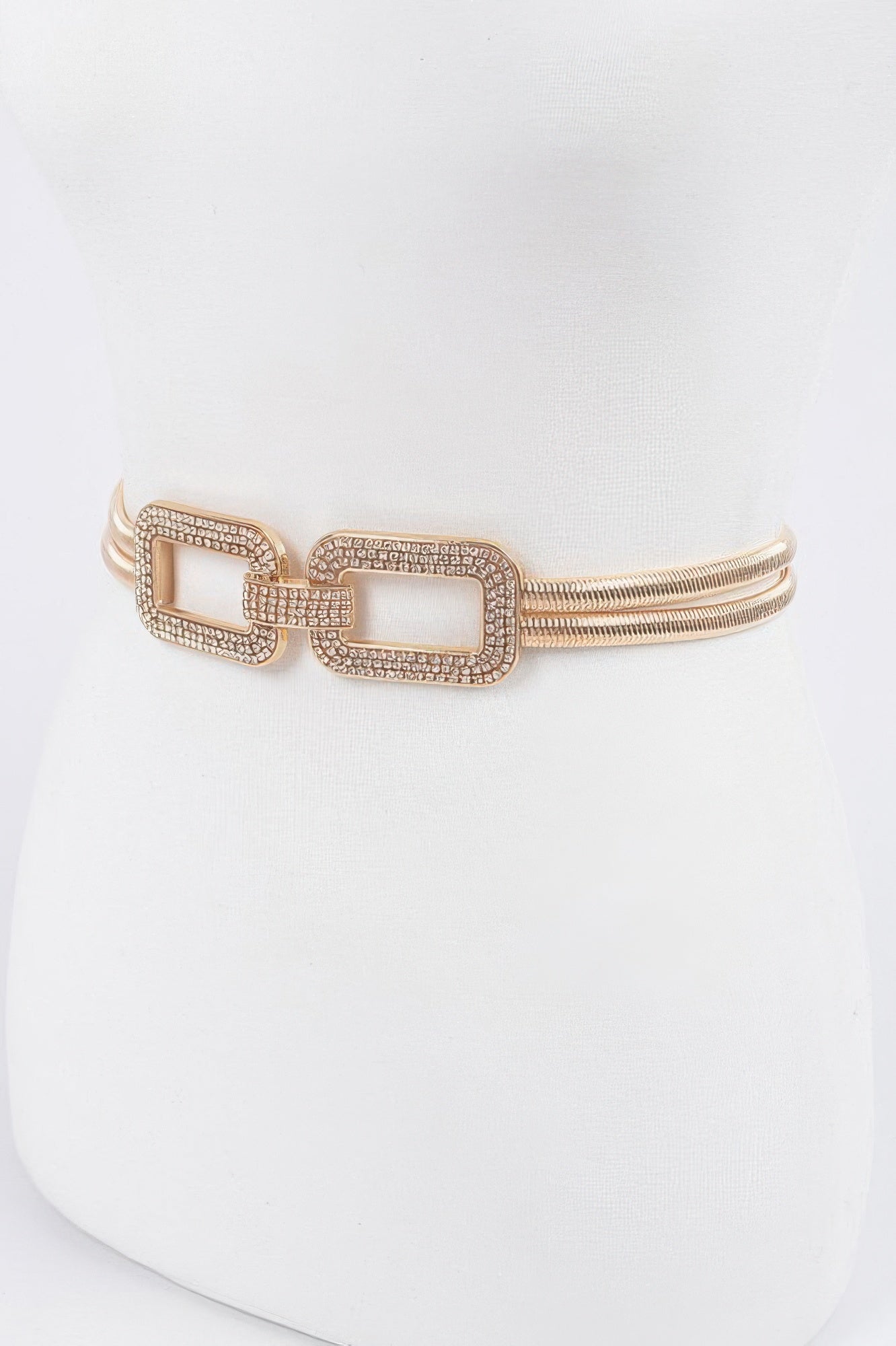 Rhinestone metal stretch belt, gold-tone triple-row bands and double buckle.