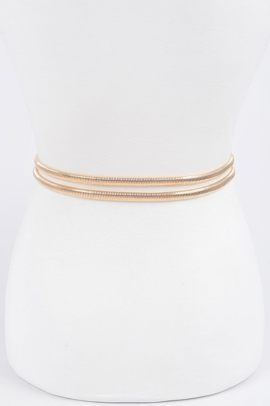 Gold-tone rhinestone metal stretch belt, triple-row band.