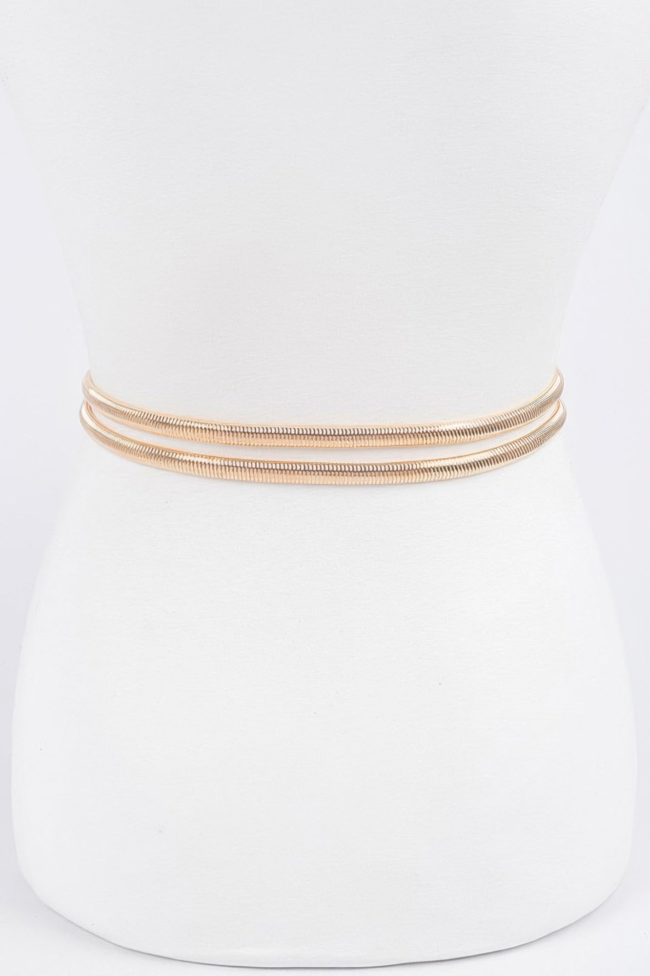 Gold-tone rhinestone metal stretch belt, triple-row band.