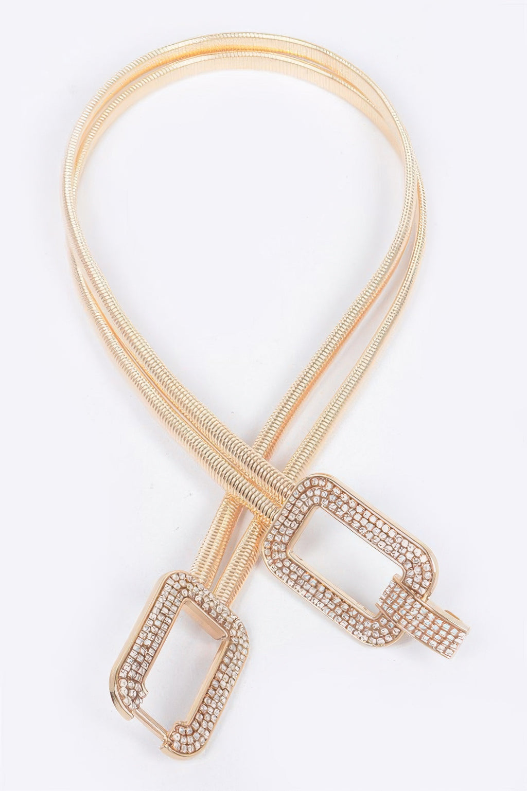 Gold-tone stretch belt with two rhinestone square buckles and braided band.
