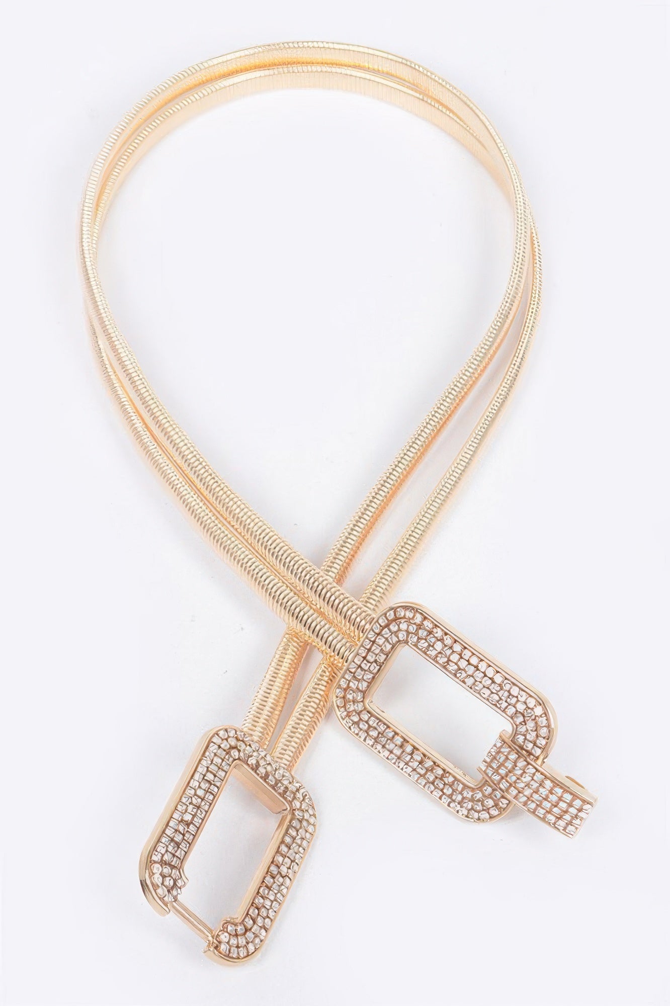 Gold-tone stretch belt with two rhinestone square buckles and braided band.