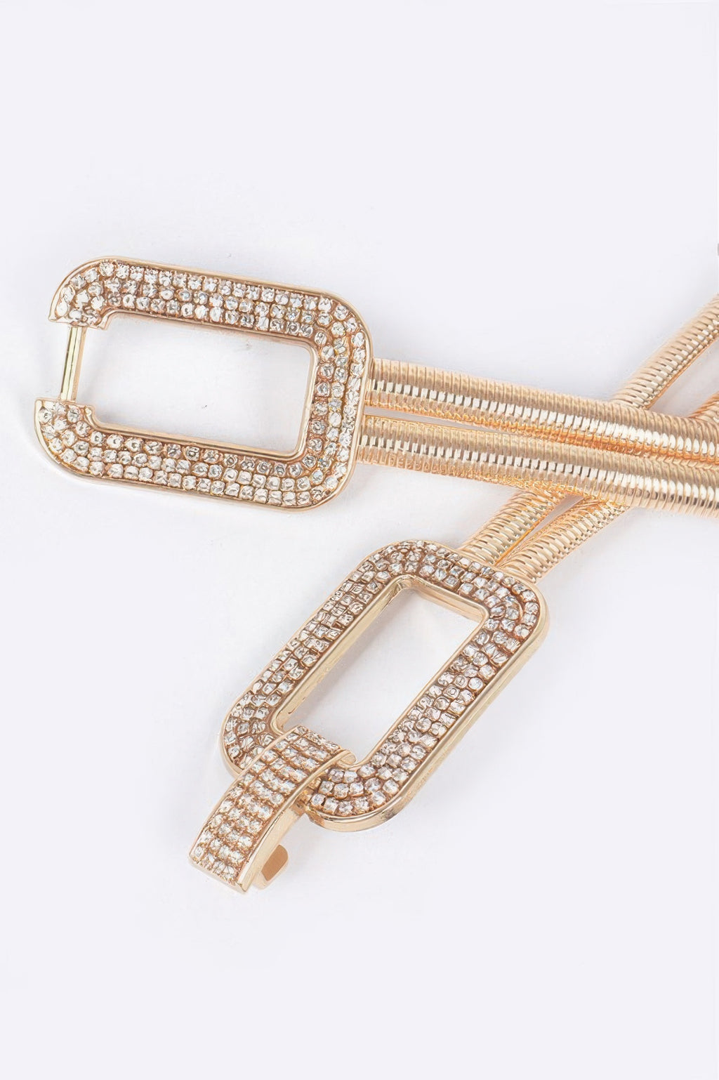Gold-tone rhinestone buckle stretch belt with two rectangular frames.