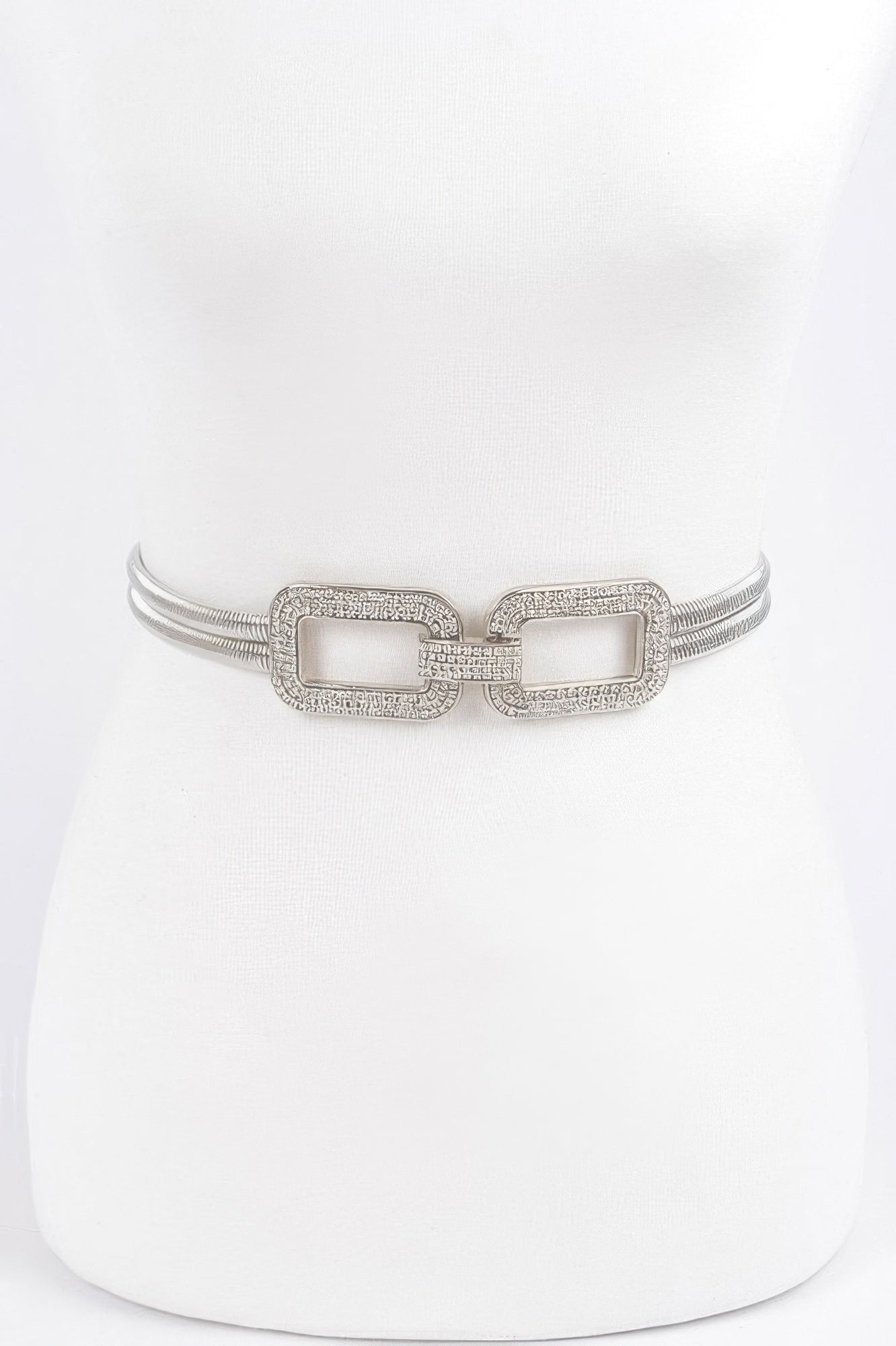 Rhinestone metal stretch belt with double rectangular rhinestone buckle, silver-tone.