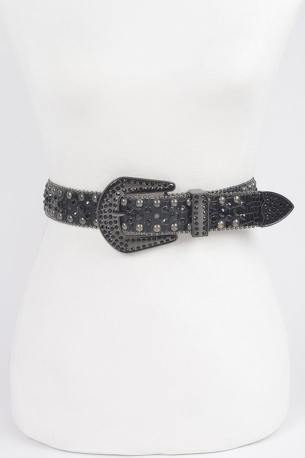 Rhinestone Metal-Gürtel mit doppelter Schließe und runden Nieten, schwarz-grau
