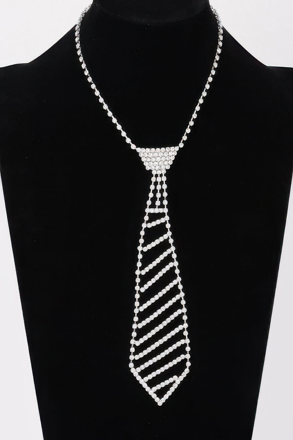 Rhinestone choker necklace with rhinestone tie pendant, silver-tone, on mannequin