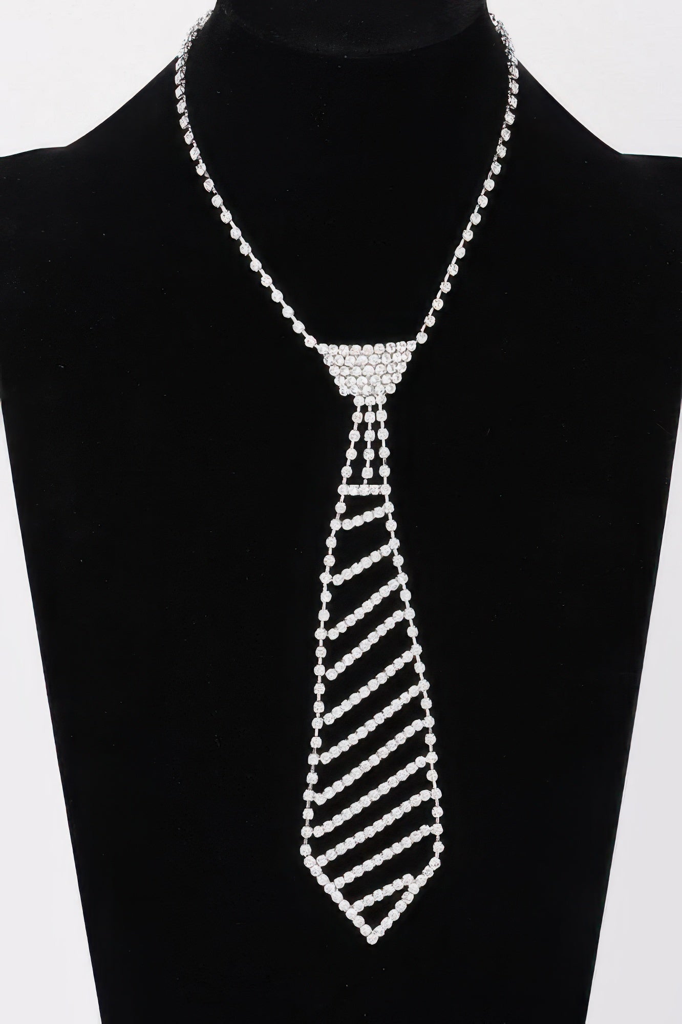 Rhinestone choker necklace with rhinestone tie pendant, silver-tone, on mannequin