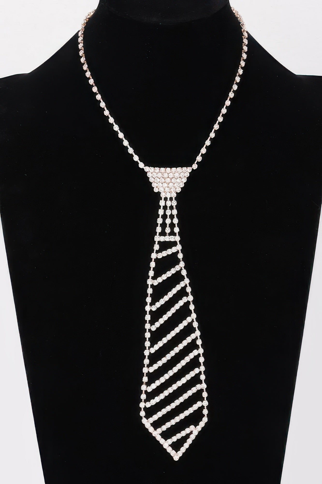 Rhinestone choker necklace with tie pendant, gold-tone, layered rhinestone design