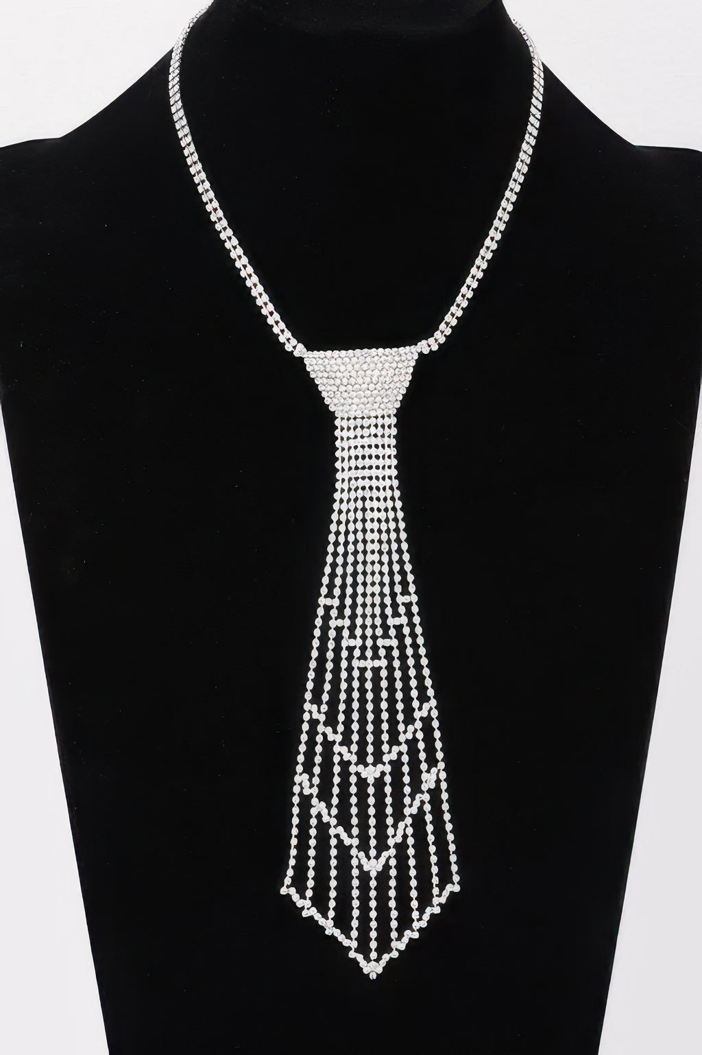 Rhinestone tie-necklace, silver mesh fringe with geometric tassel drop
