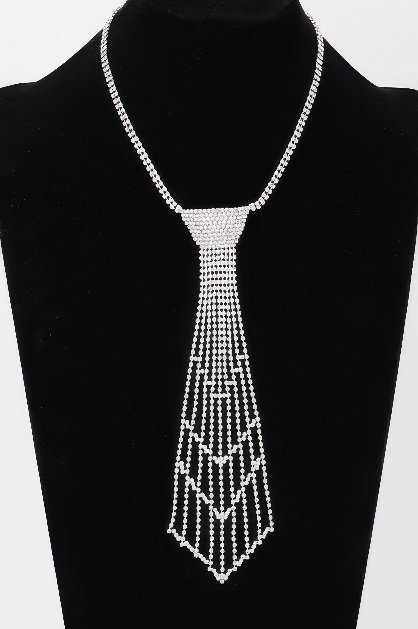 Rhinestone tie-necklace, silver mesh fringe with geometric tassel drop