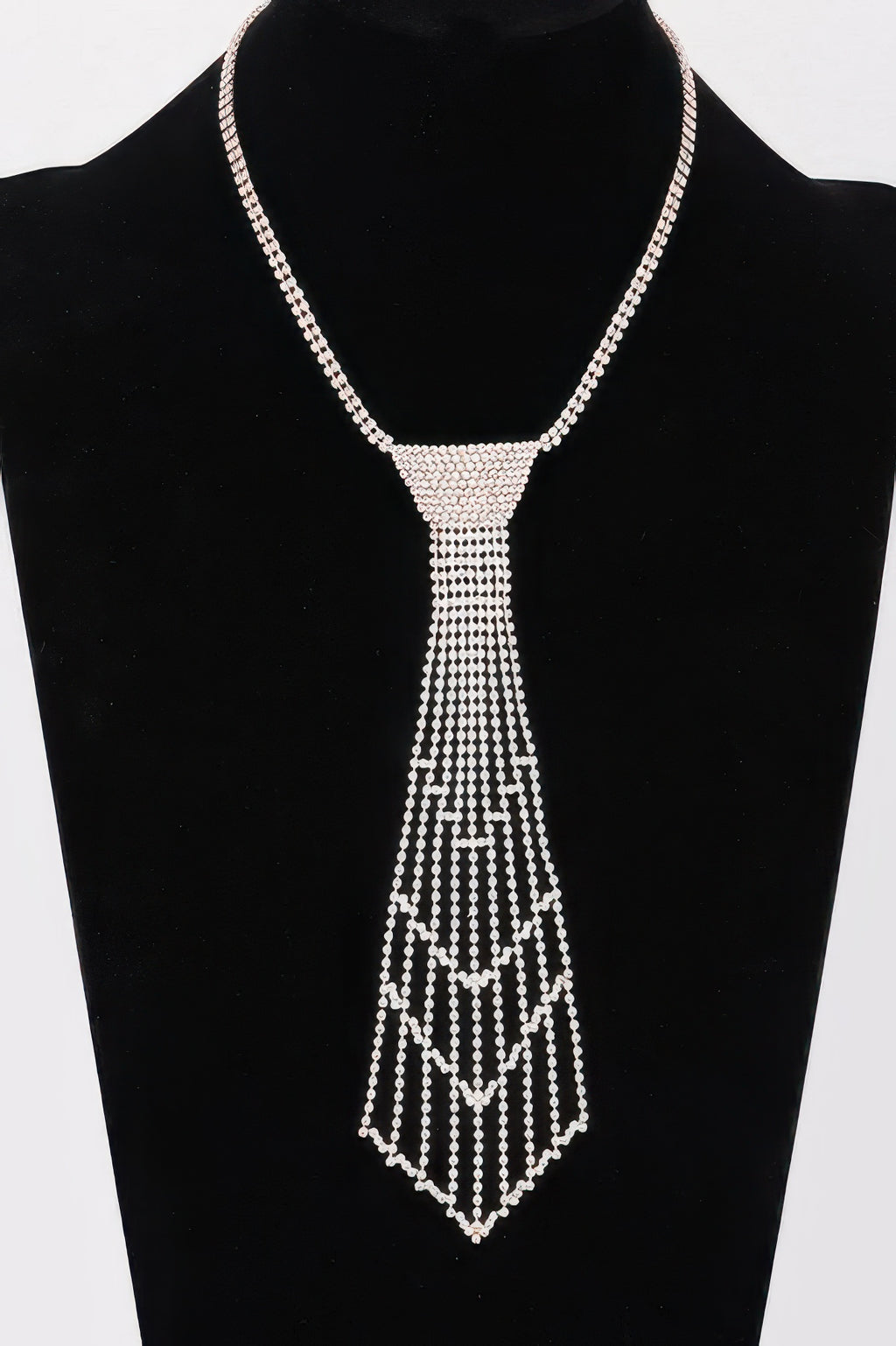 Silver rhinestone tie pendant necklace, vertical lattice fan tassel