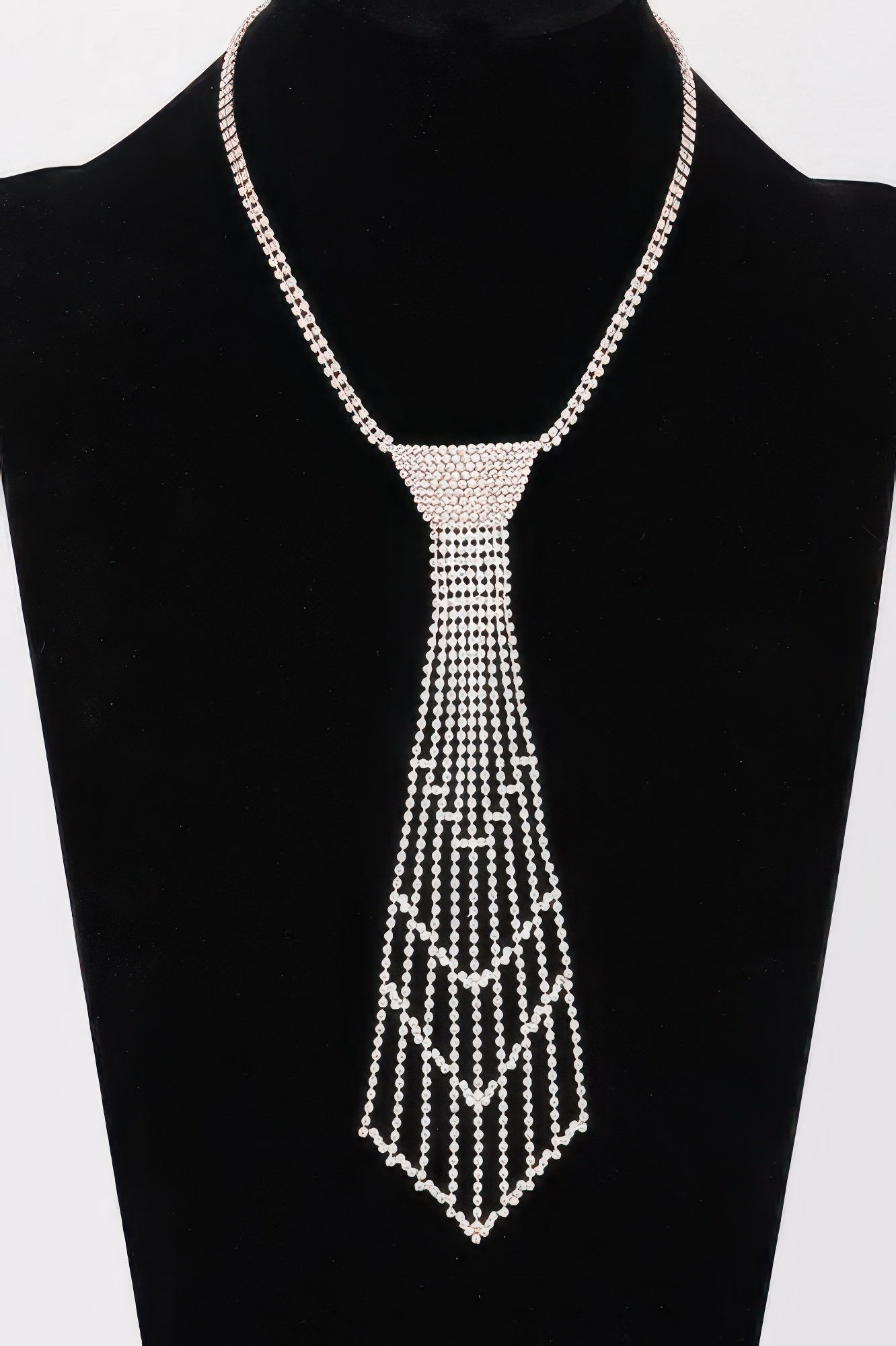 Silver rhinestone tie pendant necklace, vertical lattice fan tassel