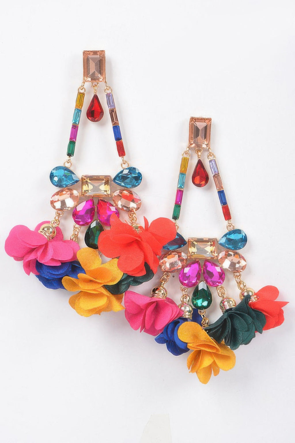 Rhinestone party drop earrings, multicolor floral charms and faceted stones
