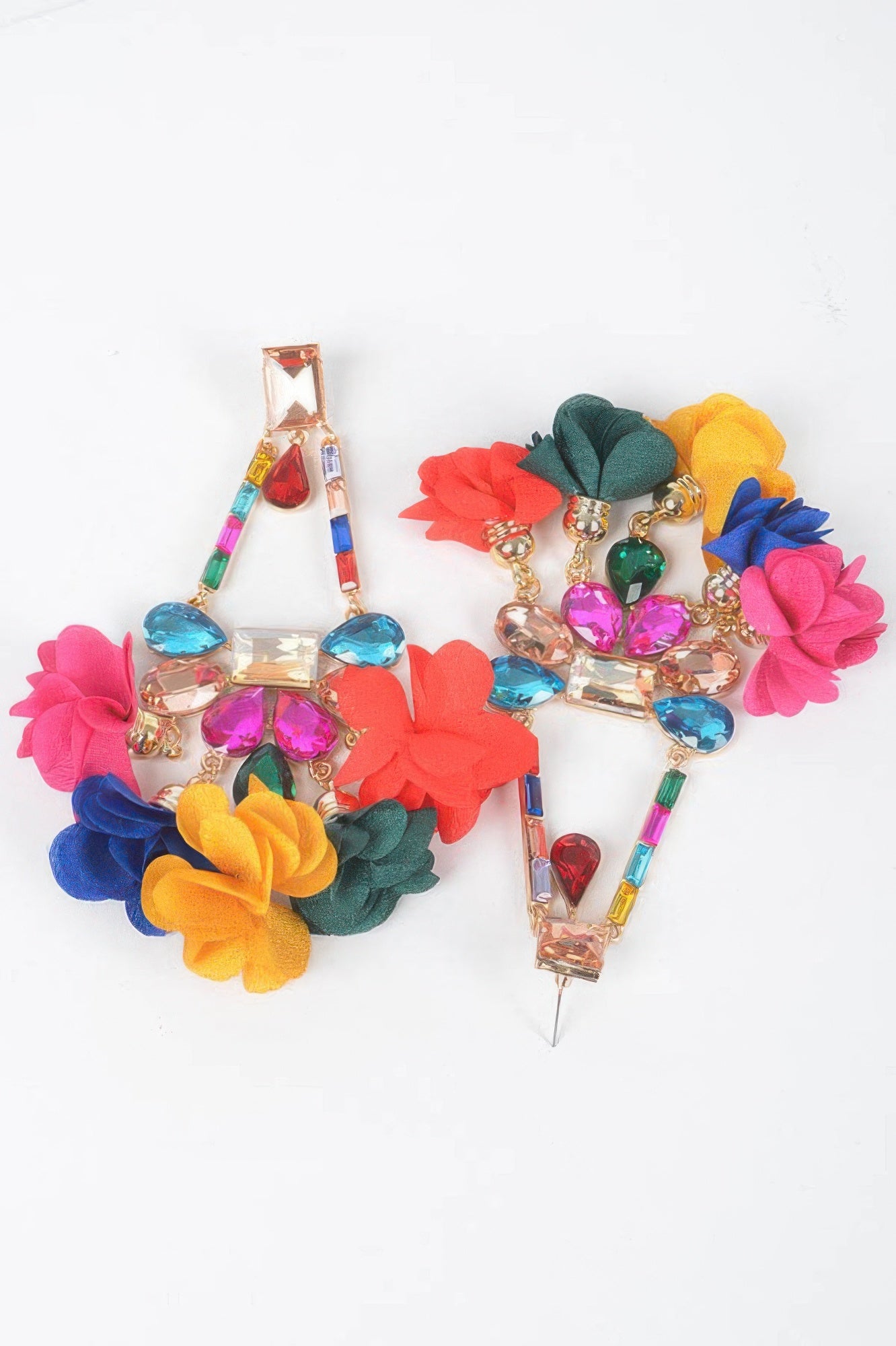 Rhinestone party drop earrings, mix of colorful flowers and faceted rhinestones