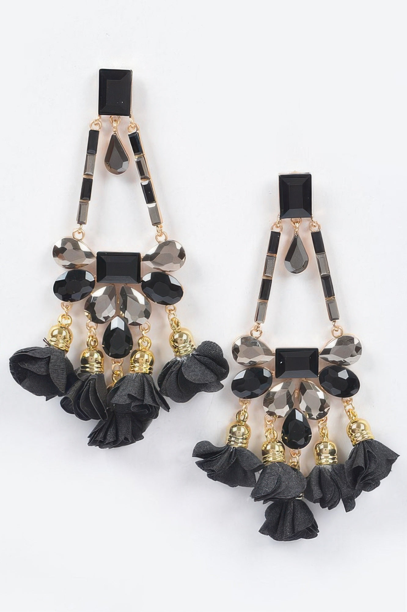 Rhinestone party drop earrings in black with faceted stones and black fabric flowers