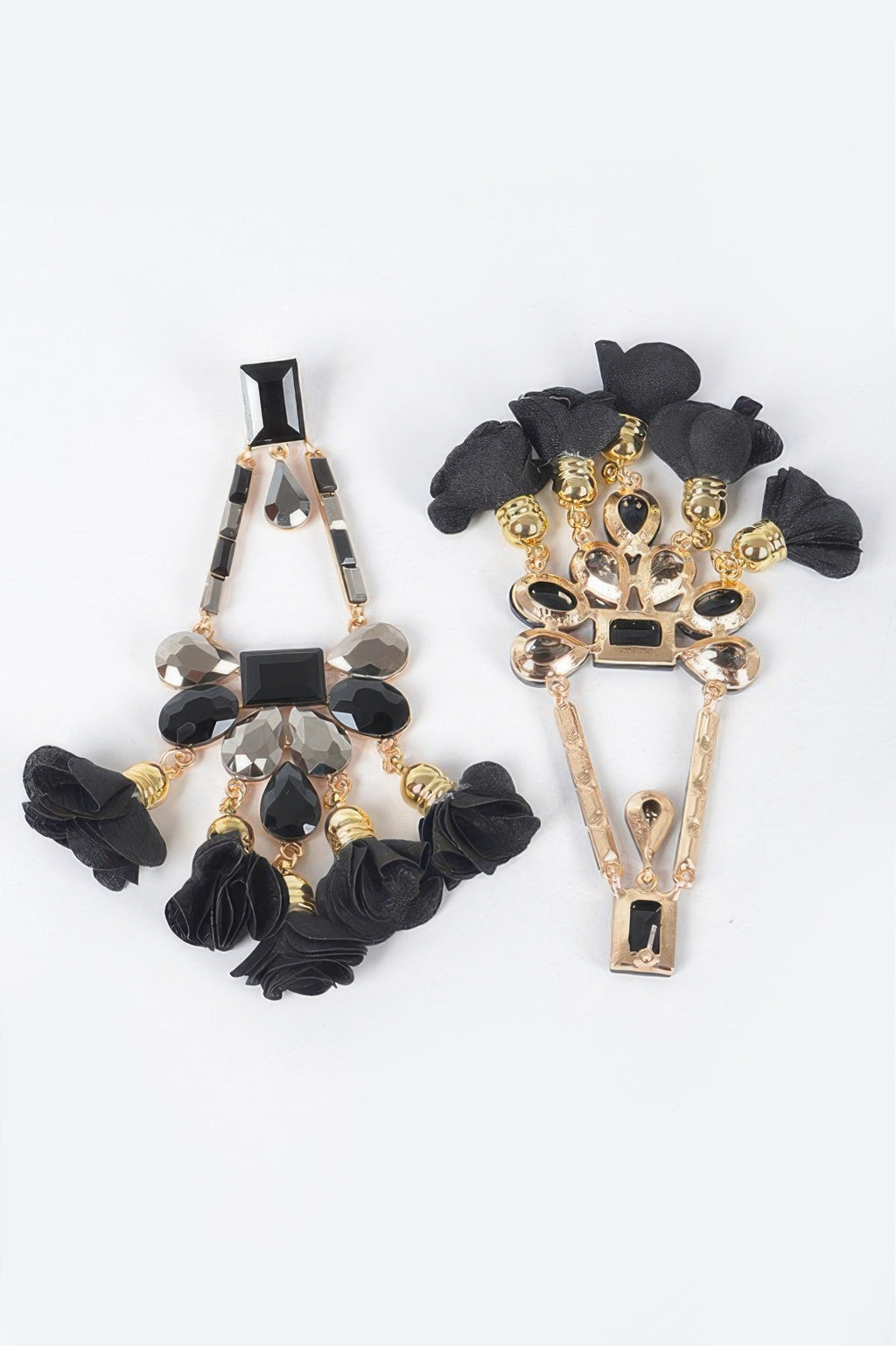 Black rhinestone drop earrings with dangling stones and black chiffon flower clusters