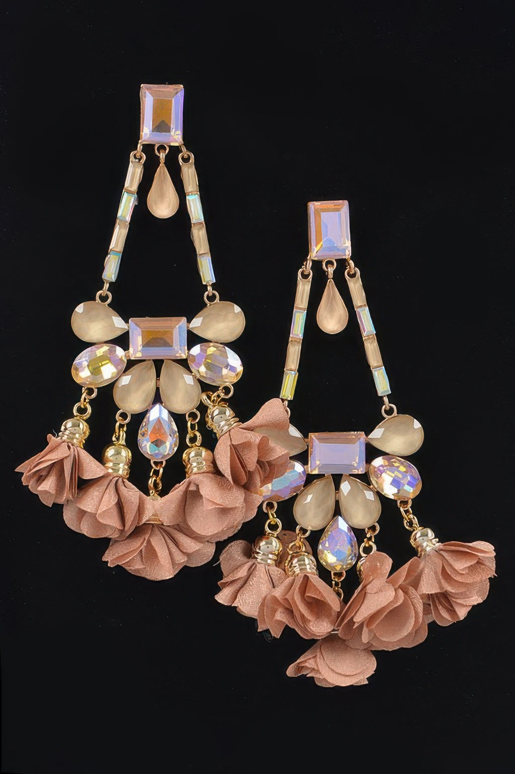 Champagne rhinestone drop earrings with pink-beige fabric flowers and faceted stones