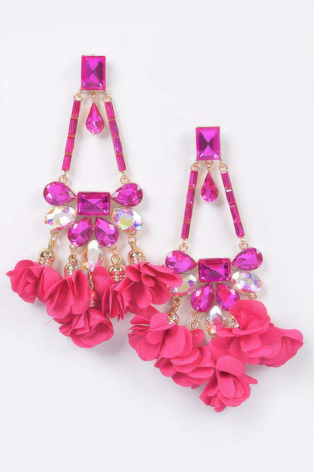 Fuchsia rhinestone drop earrings with teardrop stones and pink floral tassels