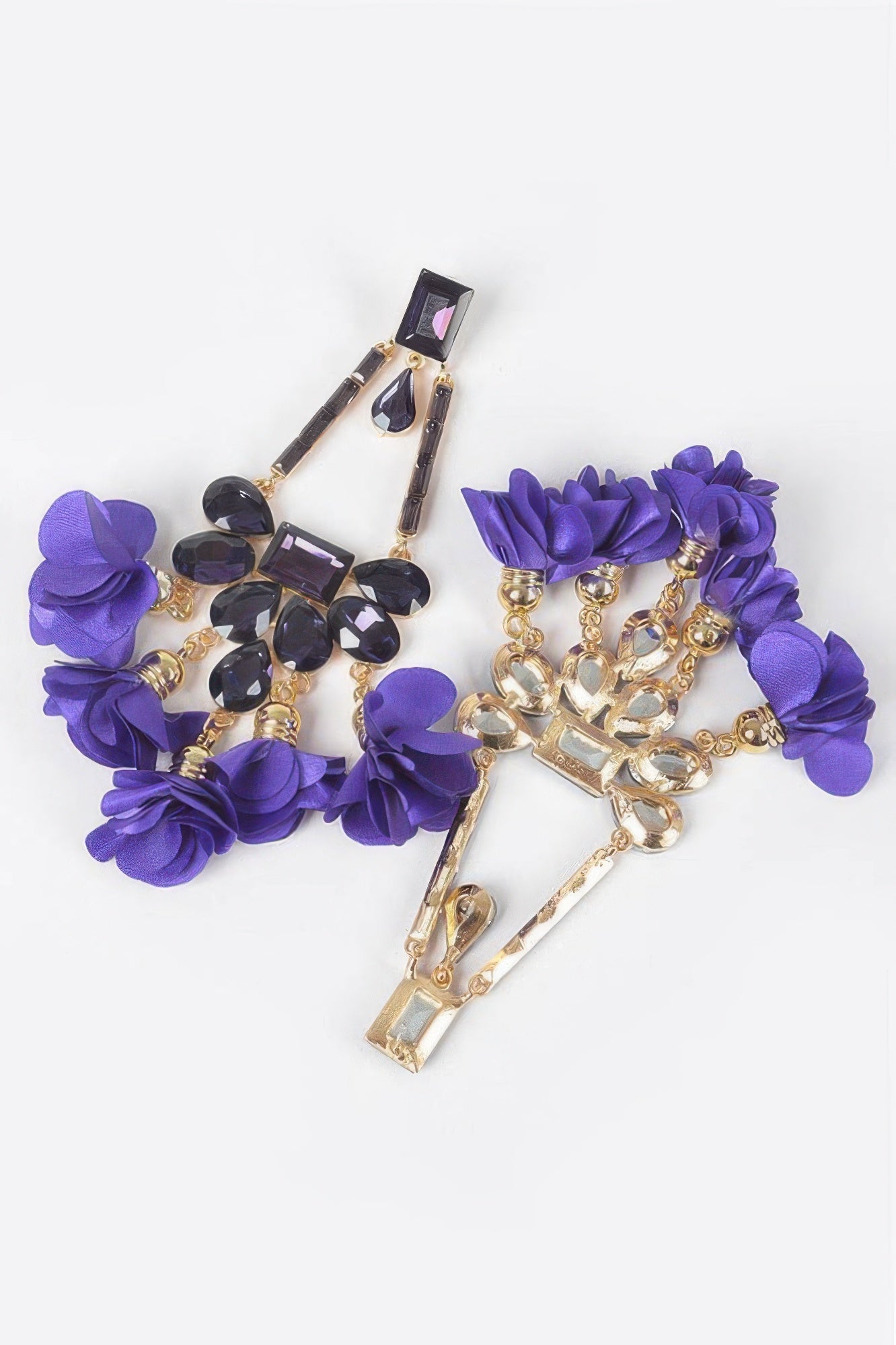 Purple rhinestone drop earrings with black stones and long dangling gold chain details