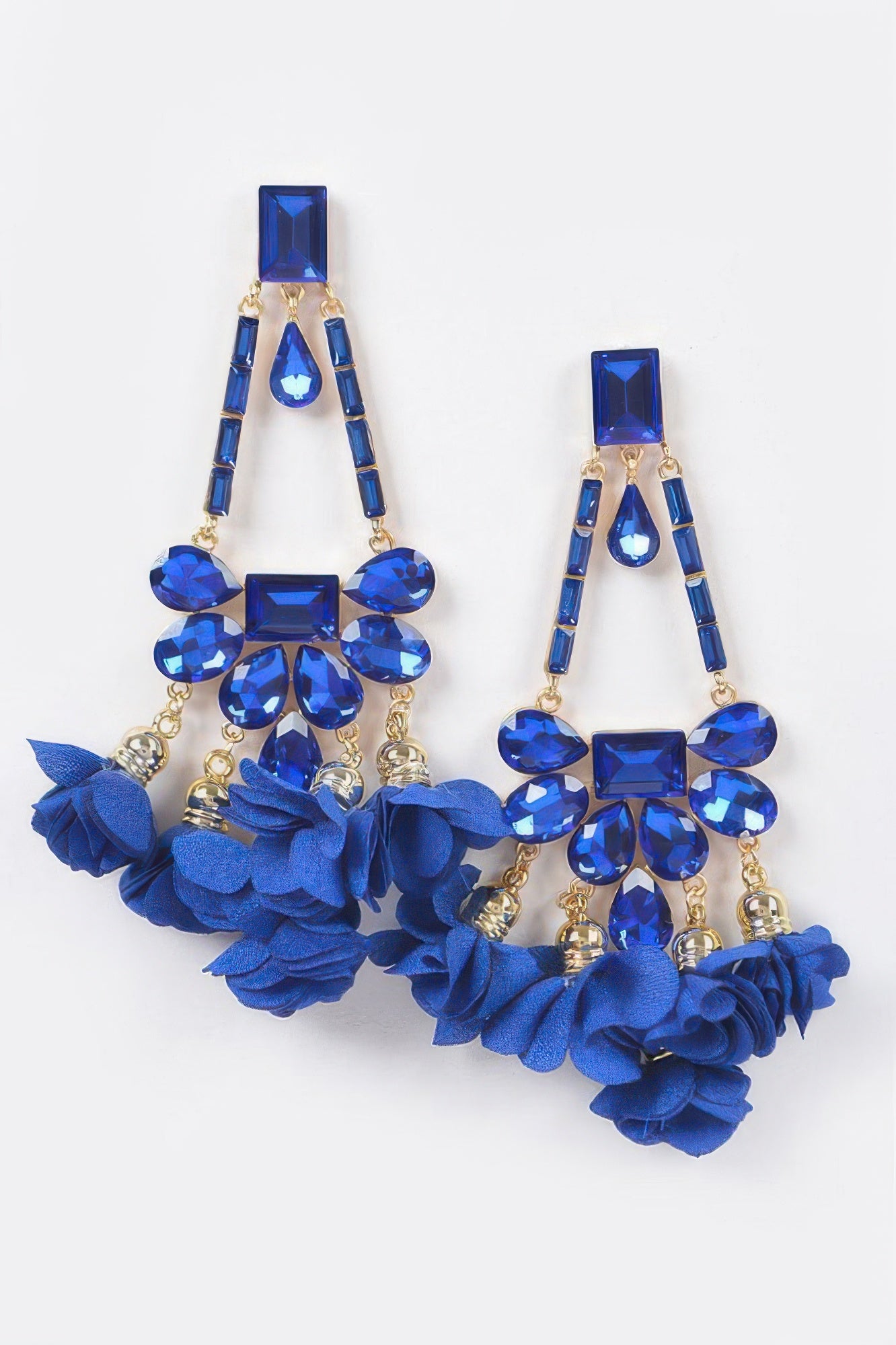 Cobalt blue rhinestone drop earrings with blue fabric flowers and faceted stones
