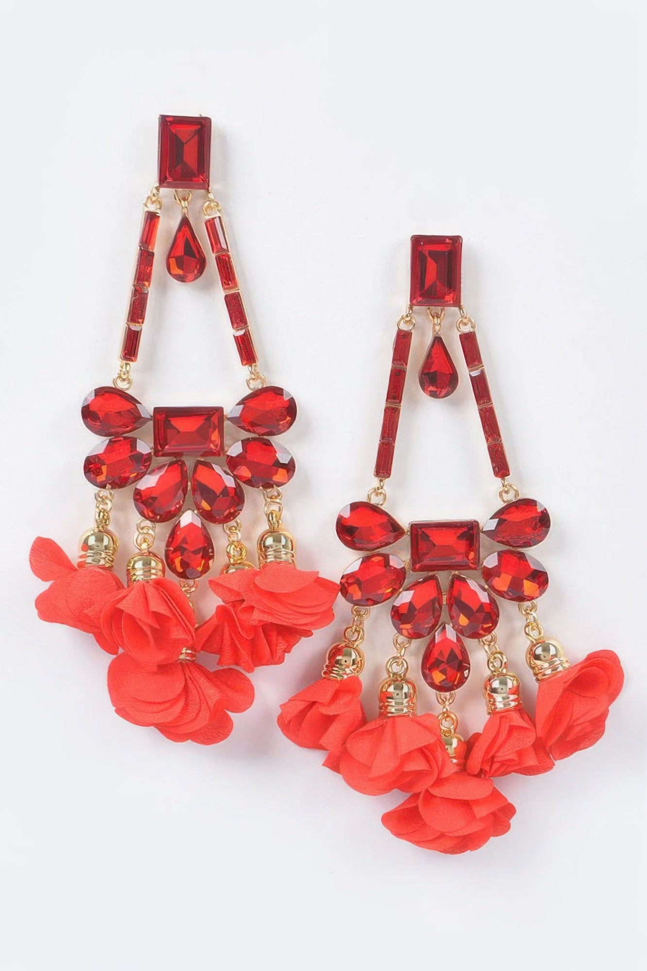 Red rhinestone drop earrings with red fabric flowers and faceted teardrop stones