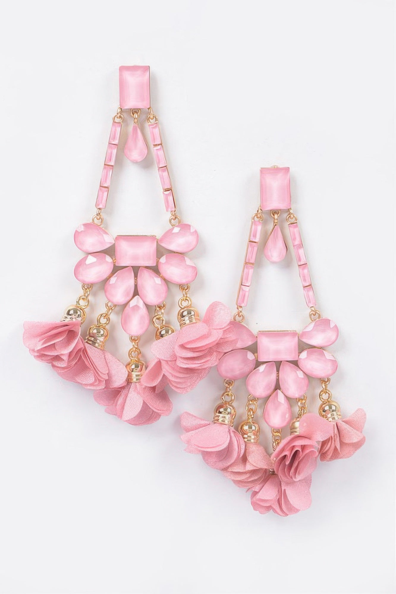 Rhinestone Party Drop Earrings, pink geometric drops with floral tassel and gold hooks