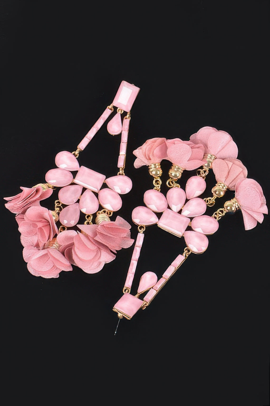 Rhinestone Party Drop Earrings, pink bead-and-ribbon dangles with rectangular accents