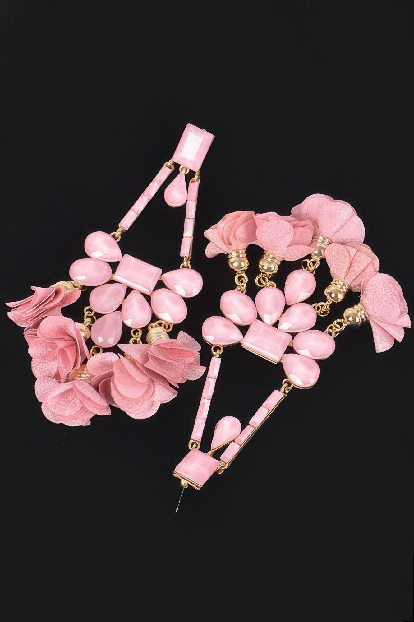 Rhinestone Party Drop Earrings, pink bead-and-ribbon dangles with rectangular accents
