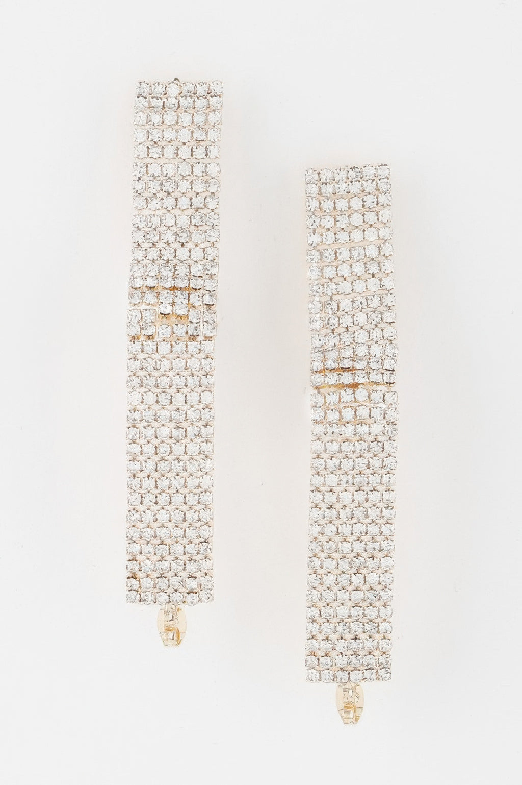 Gold-cream rhinestone wrap earrings with pearl drop, rectangular dangle