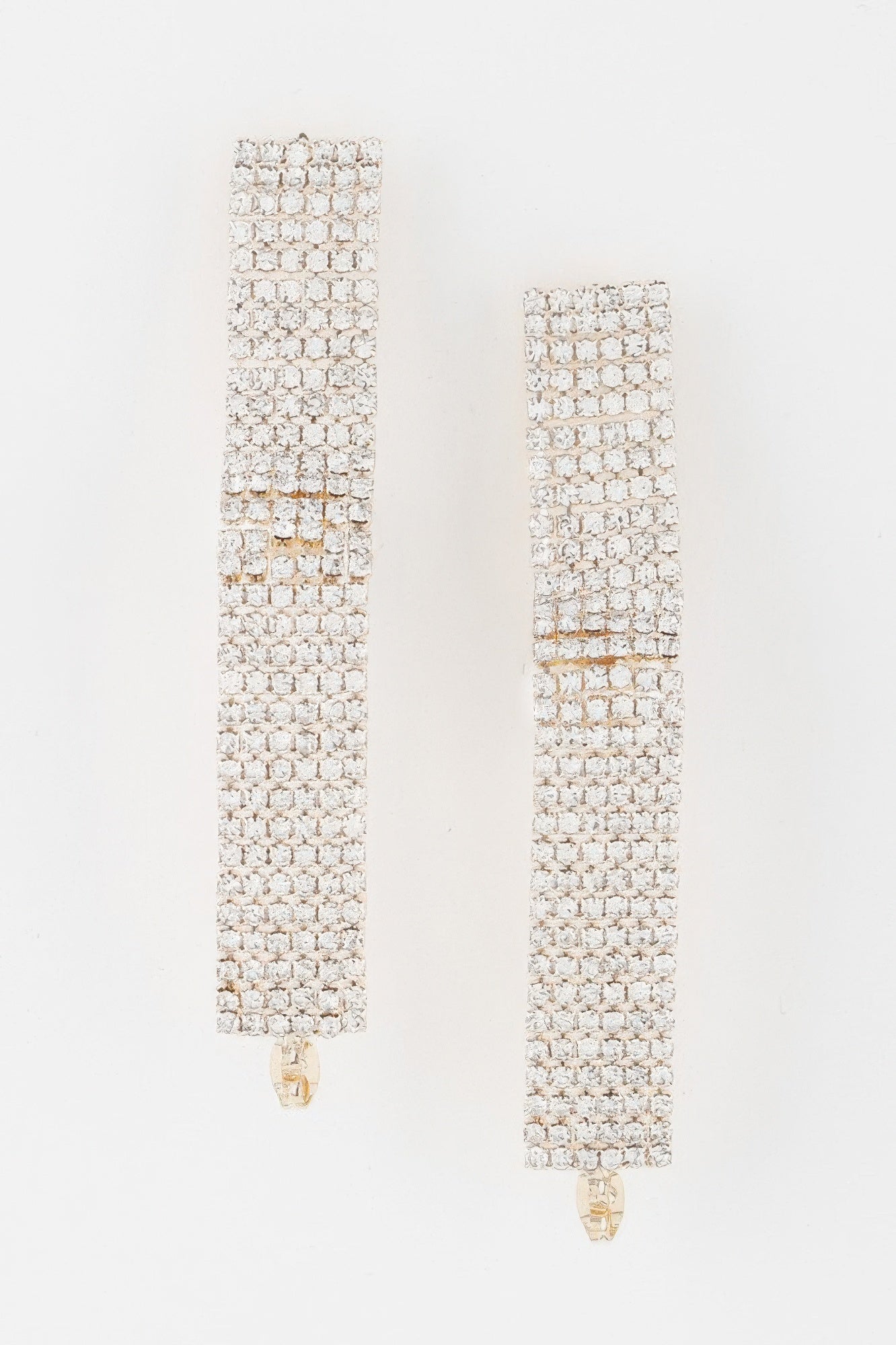 Gold-cream rhinestone wrap earrings with pearl drop, rectangular dangle