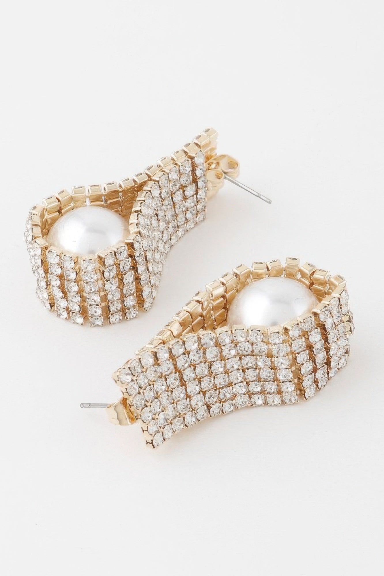 Rhinestone cuff hoop earrings, pearl center, gold-cream bead rows with stud backs