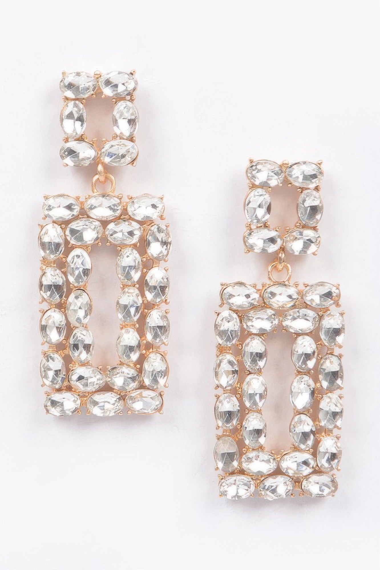Rhinestone rectangle earrings, clear stones with gold-tone hooks