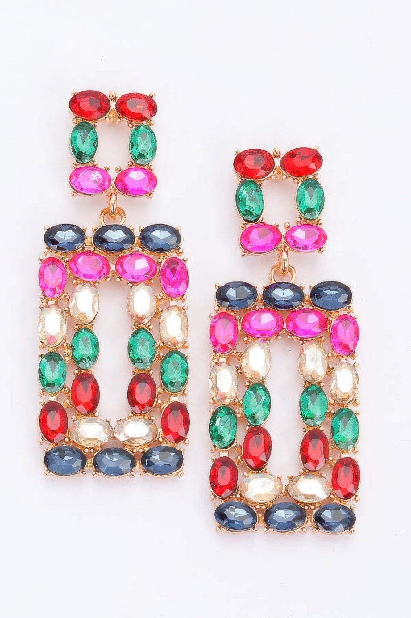 Rhinestone rectangle earrings in dark multicolor, red/pink/green/blue stones