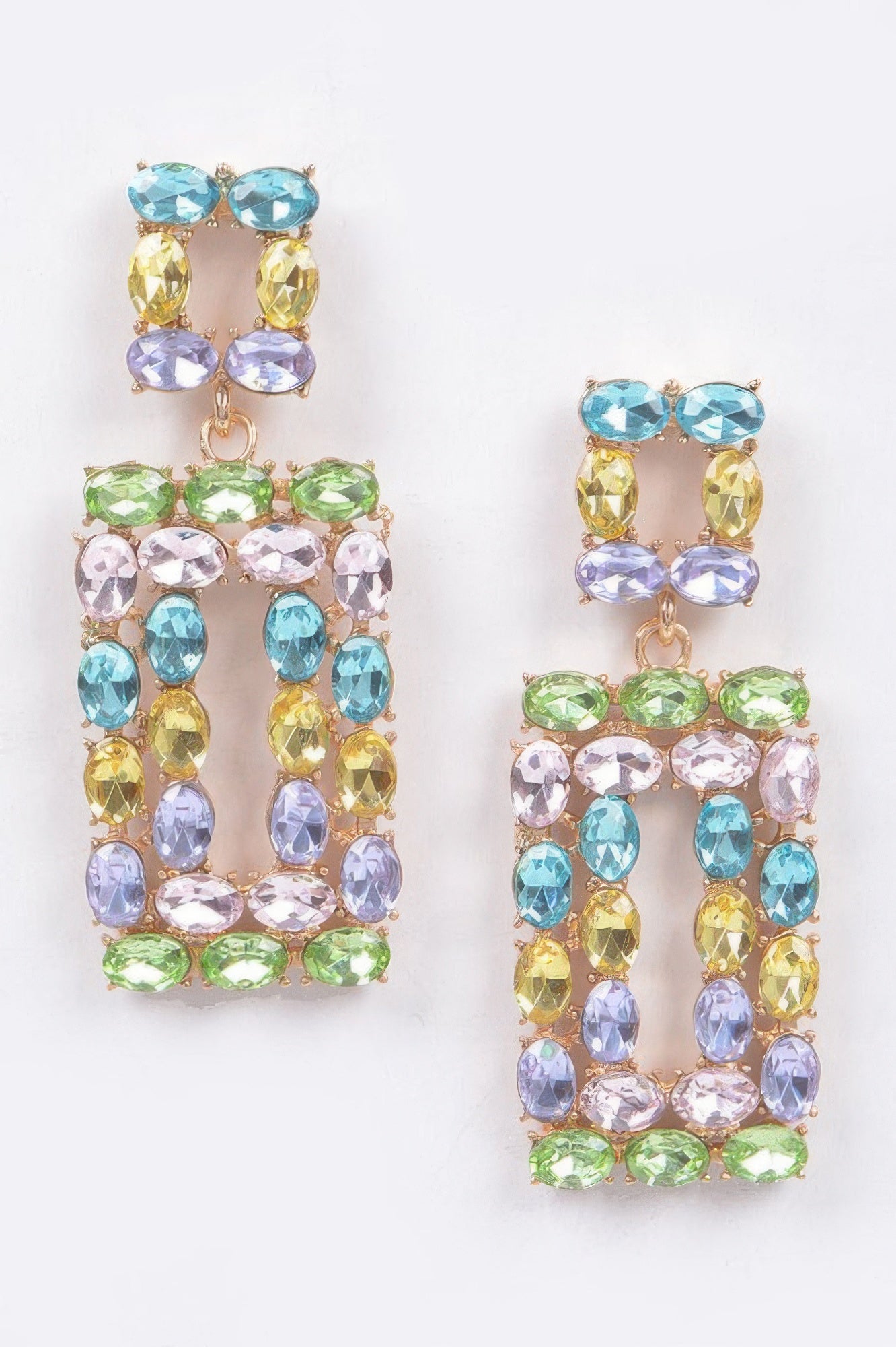 Rhinestone rectangle earrings in light multicolor, pastel blue/green/yellow stones
