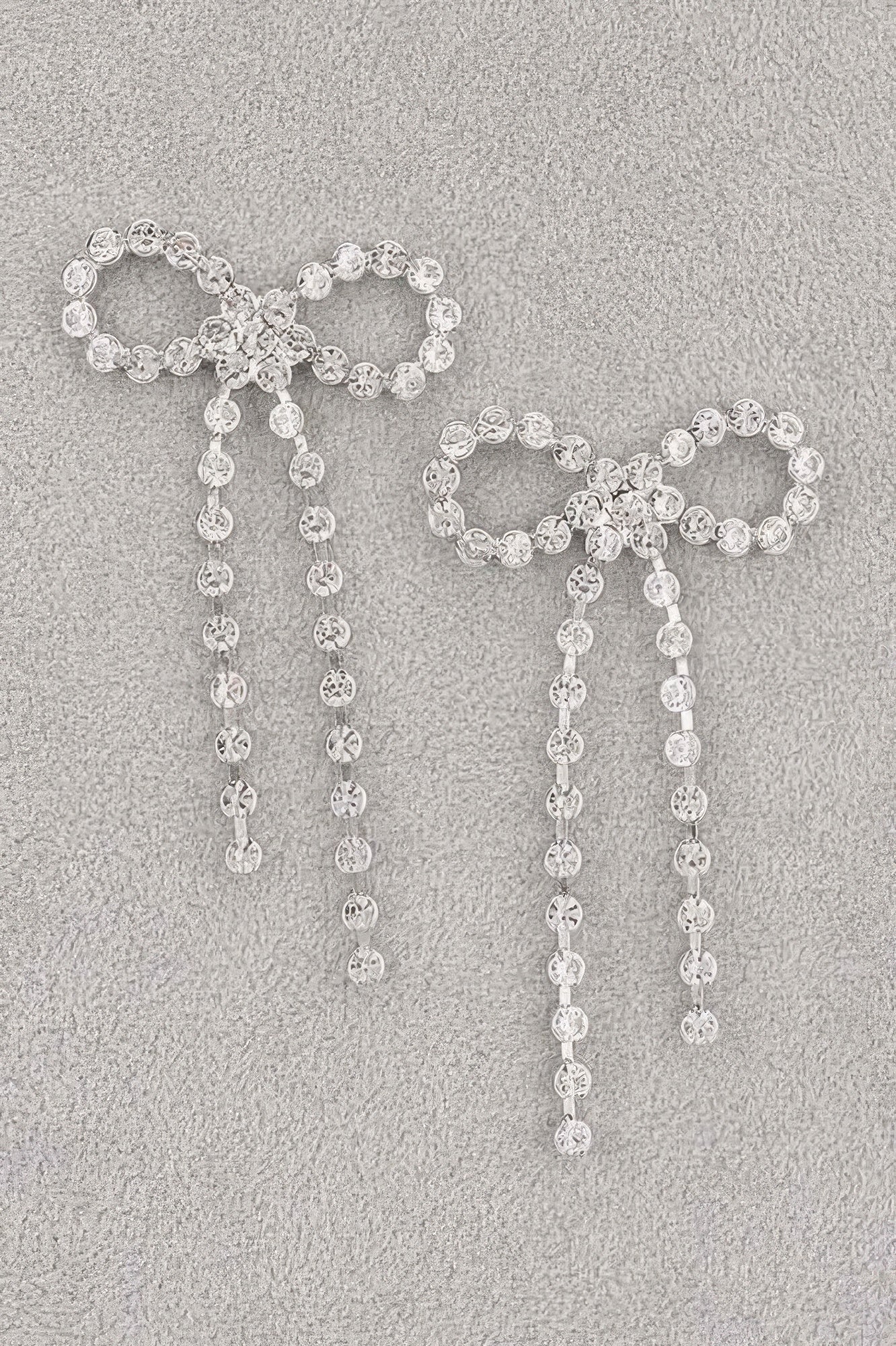 Silver rhinestone ribbon drop earrings, oval hoop top with fringe chains