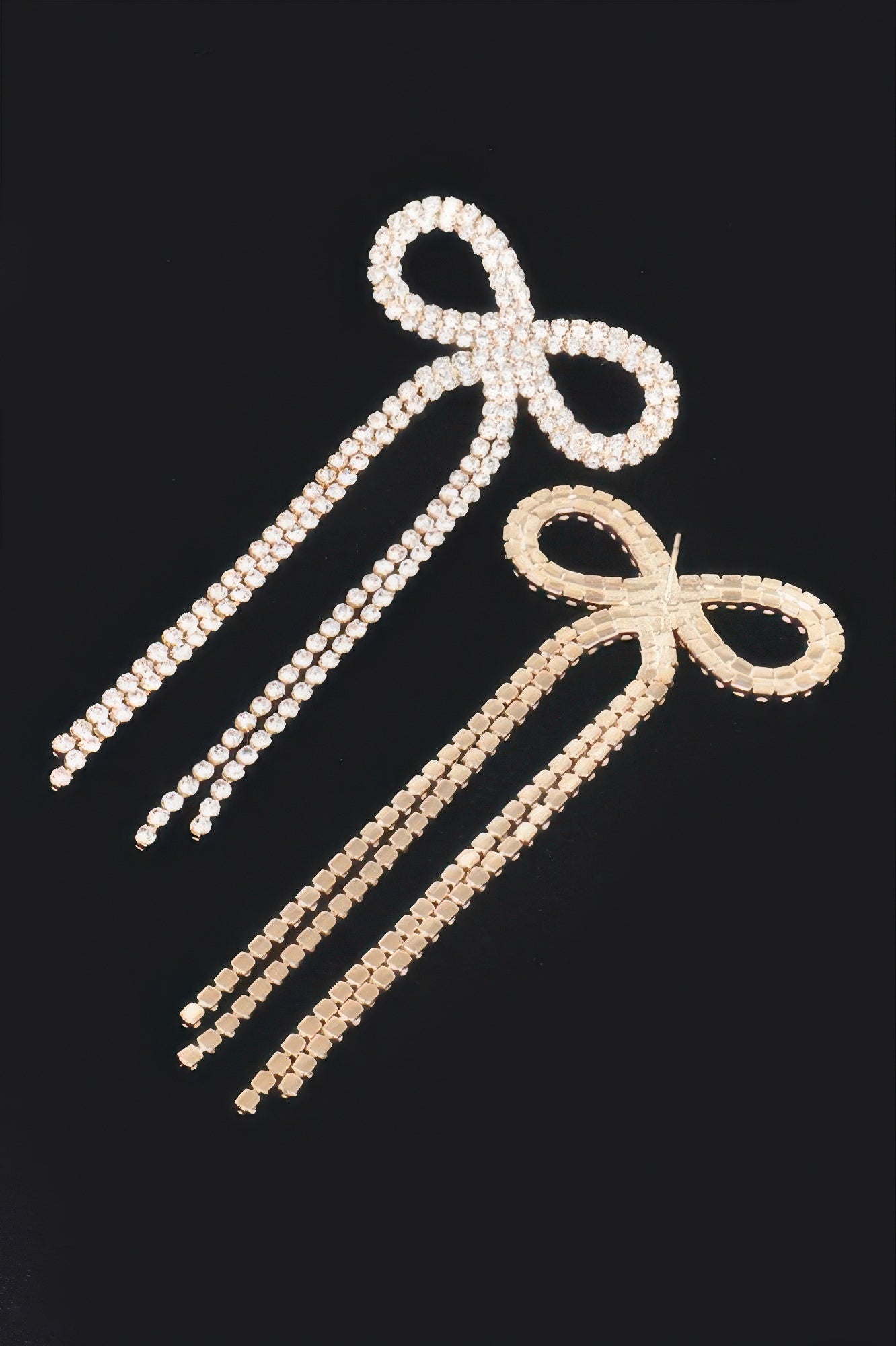 Rhinestone ribbon earrings, silver-tone bow with long dangling strands