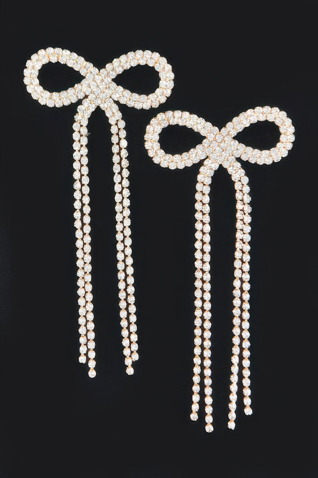 Rhinestone ribbon earrings, silver-tone knot with long drop tassels